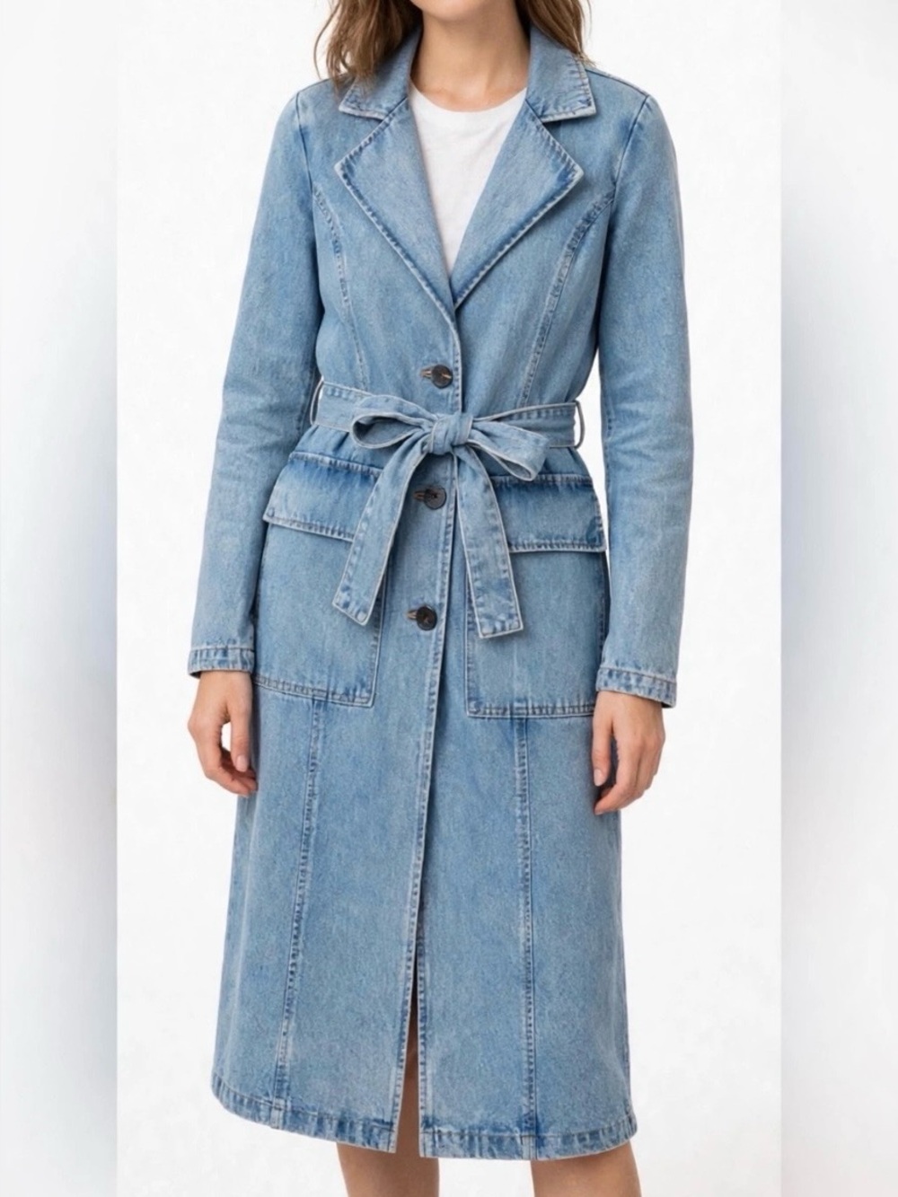 Avec Les Filles Blue Denim Trench Coat with Tie Belt
